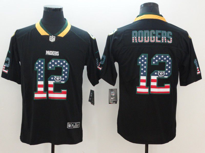 Men Green Bay Packers 12 Rodgers Nike USA Flag Fashion Black Color Rush Limited NFL Jerseys